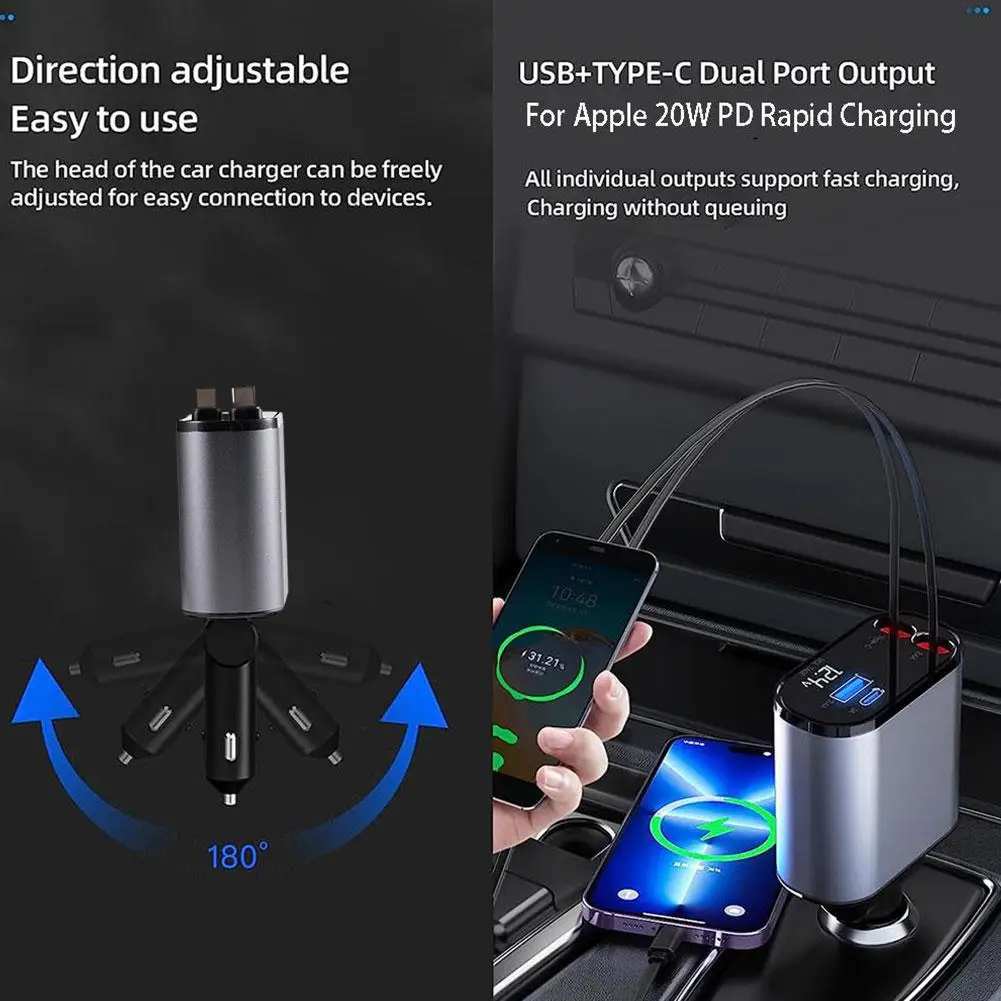 Chargeur Voiture Rapide – Puissance 100W & Câble Rétractable 7 Chargeur allume-cigare avec affichage numérique