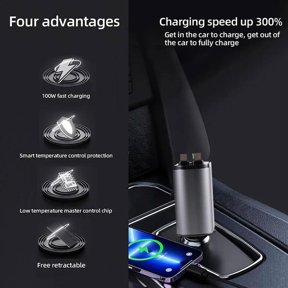 Chargeur Voiture Rapide – Puissance 100W & Câble Rétractable 6 Câble rétractable chargeur voiture rapide