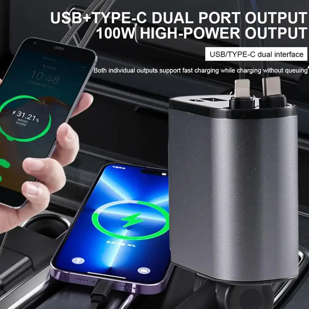 Chargeur Voiture Rapide – Puissance 100W & Câble Rétractable 5 Chargeur voiture rapide 100W USB-C