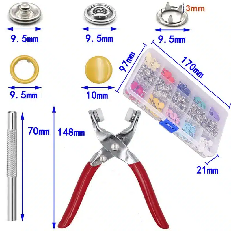 Boutons-Pression Métal – Kit Complet 200 Pcs 6 Pince à pression textile avec pressions
